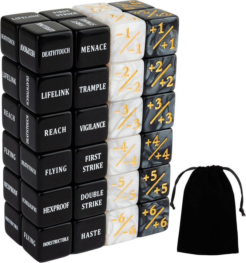 LAMJAM 48 Pieces Abilities Keywords Counter Dice Black MTG Dice Counters Bulk Creature Stats Buff Tokens Dice Set for Magic The Gathering, MTG, TCG, Card Games Accessories - Image 1